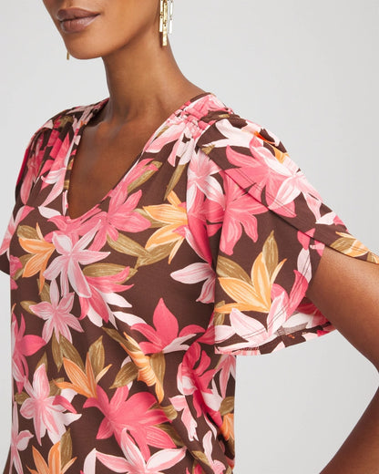 Chico's Floral Petal-Sleeve Voop Neck Tee Cacao