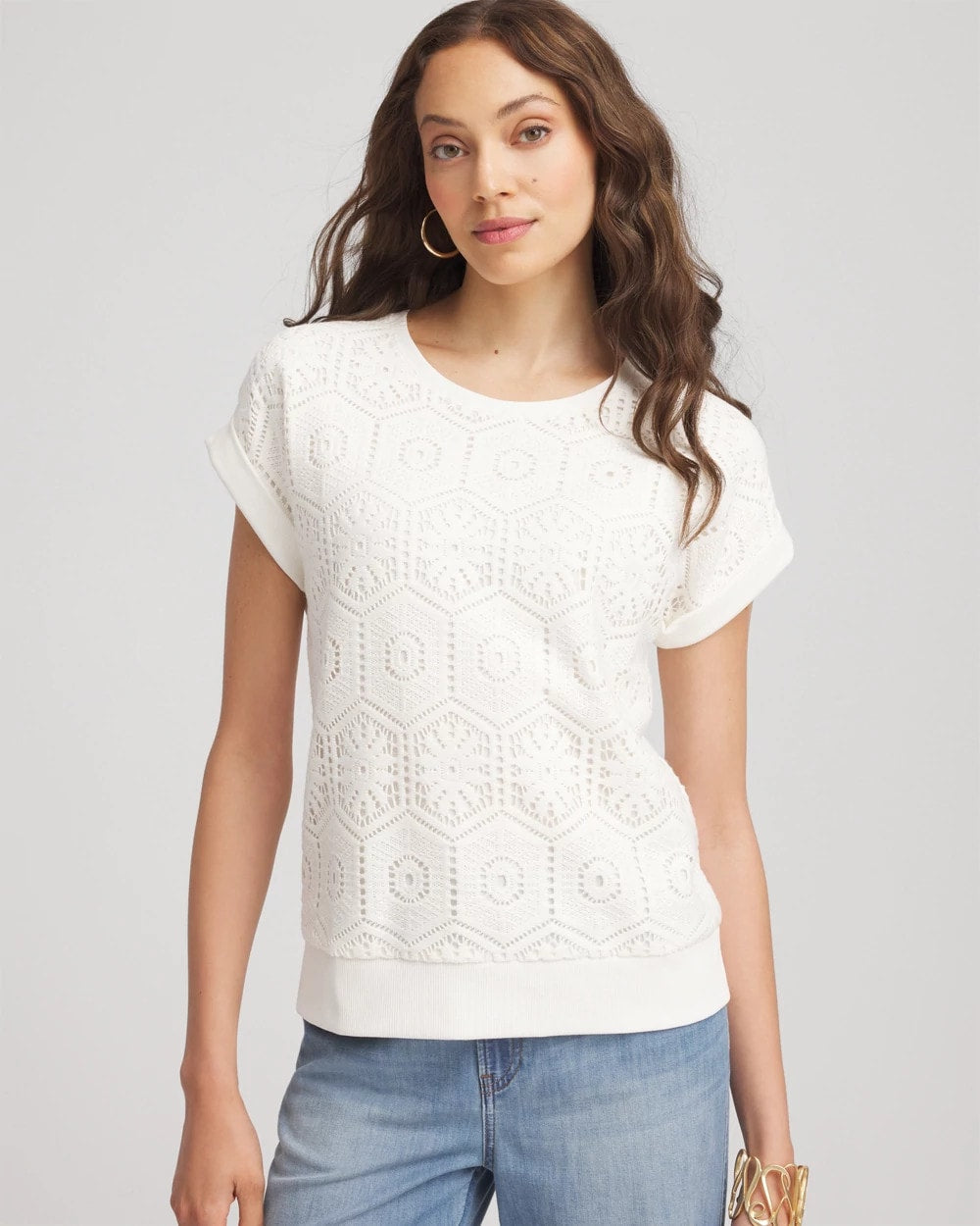 Chico's Crocheted Cotton-Blend Shirt Ecru