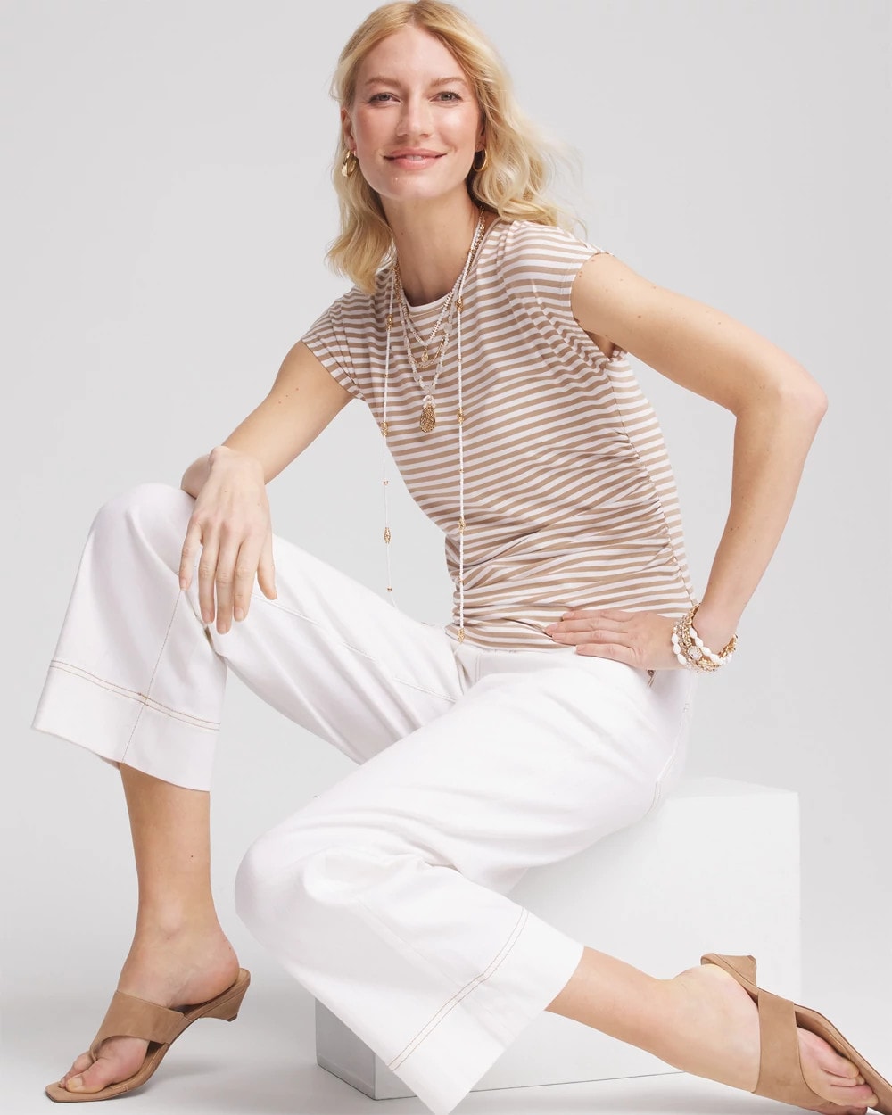Chico's Neutral Striped Cap Sleeve Dolman Tee Cafe Aroma
