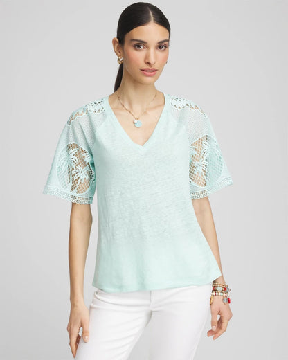 Chico's Linen Crochet Lace Short Sleeve Tee Teal Waters