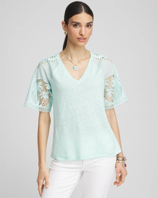 Chico's Linen Crochet Lace Short Sleeve Tee Teal Waters