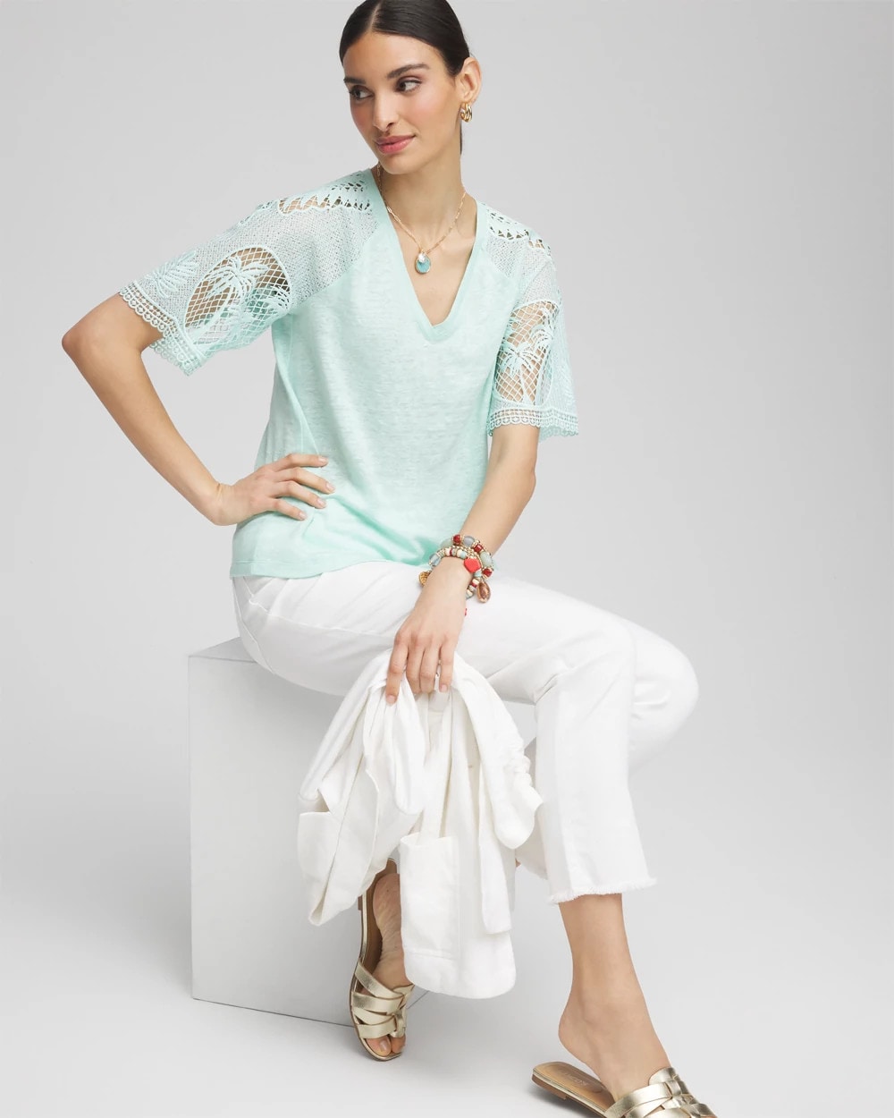 Chico's Linen Crochet Lace Short Sleeve Tee Teal Waters