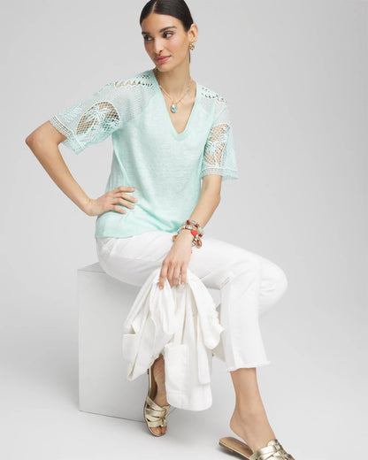 Chico's Linen Crochet Lace Short Sleeve Tee Teal Waters