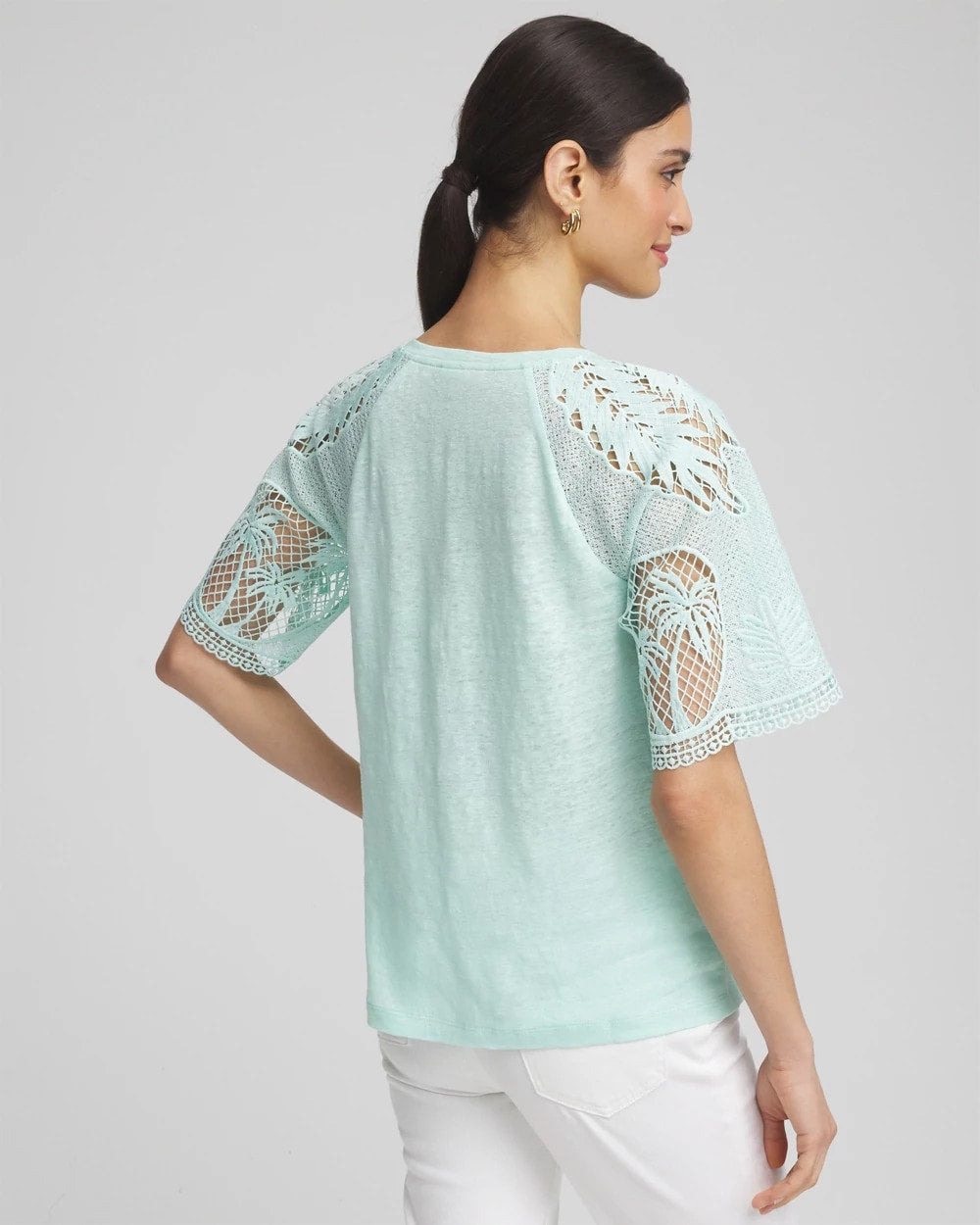 Chico's Linen Crochet Lace Short Sleeve Tee Teal Waters