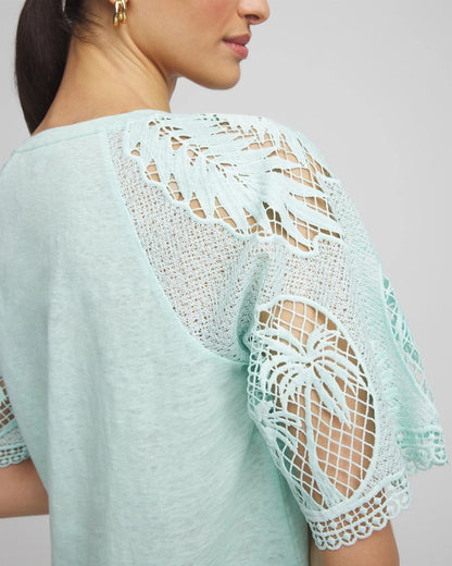 Chico's Linen Crochet Lace Short Sleeve Tee Teal Waters