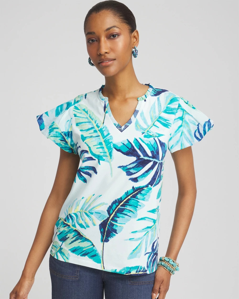 Chico's Notch Neck Cap Sleeve Tee Paradiso Blue