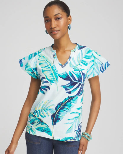 Chico's Notch Neck Cap Sleeve Tee Paradiso Blue