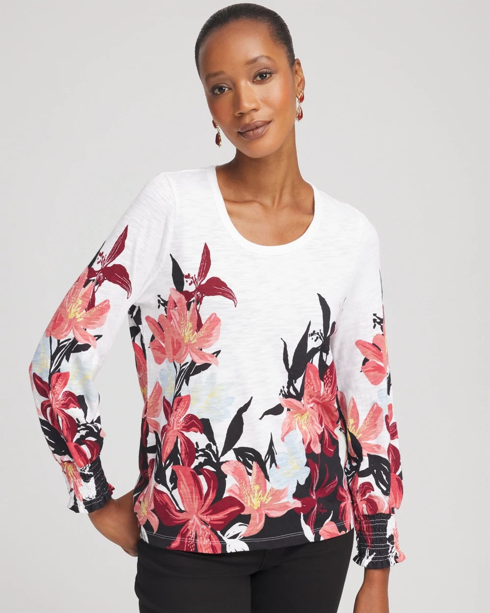 Chico's Floral-Motif Smocked Cotton-Slub Tee Alabaster