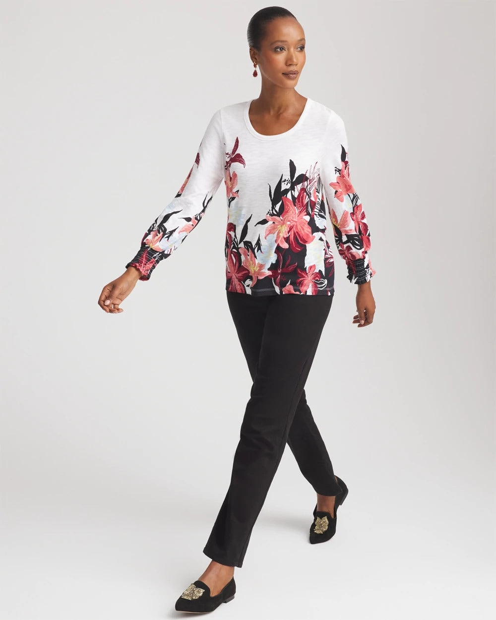 Chico's Floral-Motif Smocked Cotton-Slub Tee Alabaster