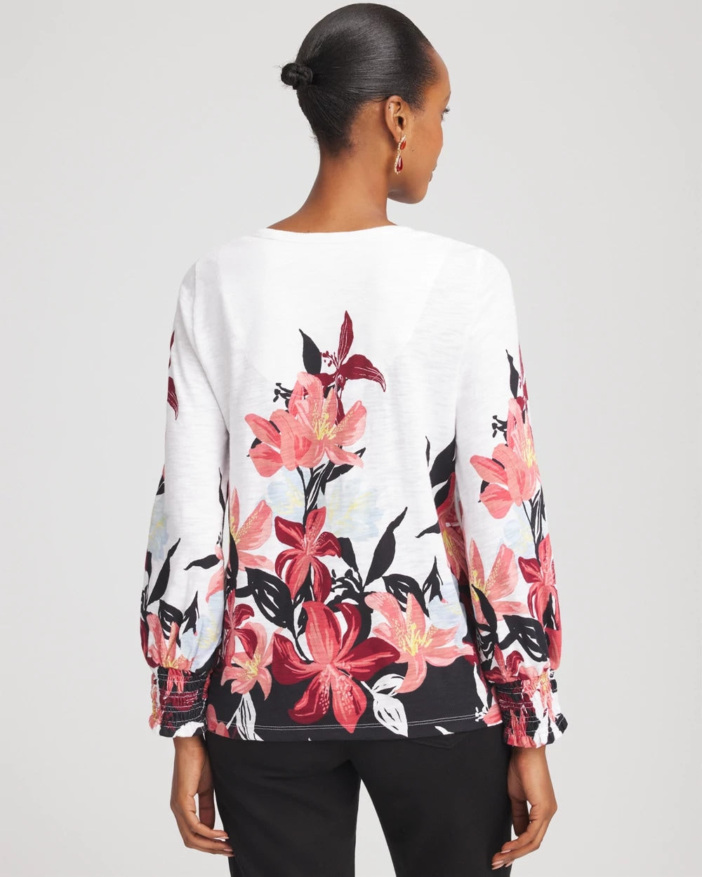 Chico's Floral-Motif Smocked Cotton-Slub Tee Alabaster