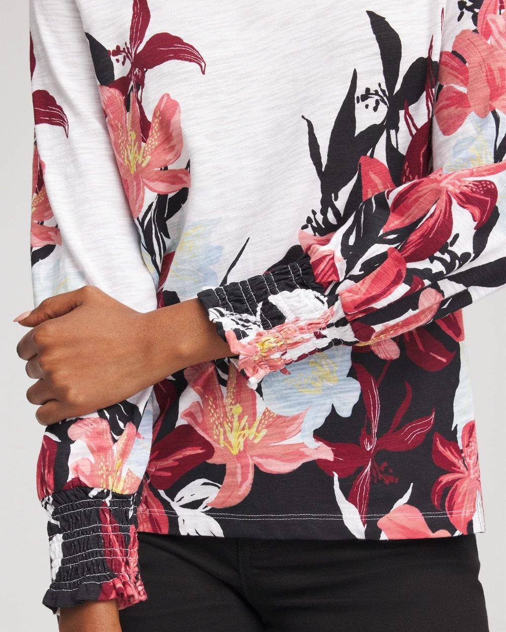 Chico's Floral-Motif Smocked Cotton-Slub Tee Alabaster