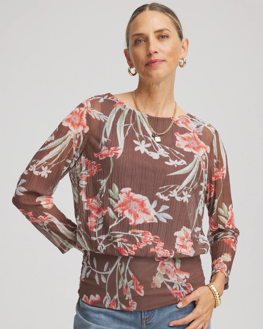 Chico's Textured Banded-Hem Top Dried Mushroom