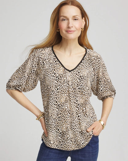 Chico's Leopard Braided Linen Top Ecru