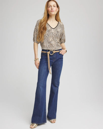 Chico's Leopard Braided Linen Top Ecru