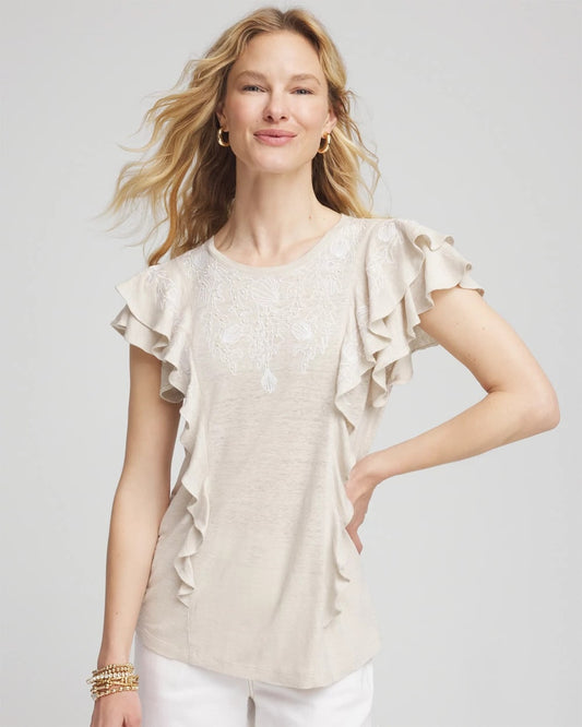 Chico's Embroidered Flutter-Sleeve Tee River Rock