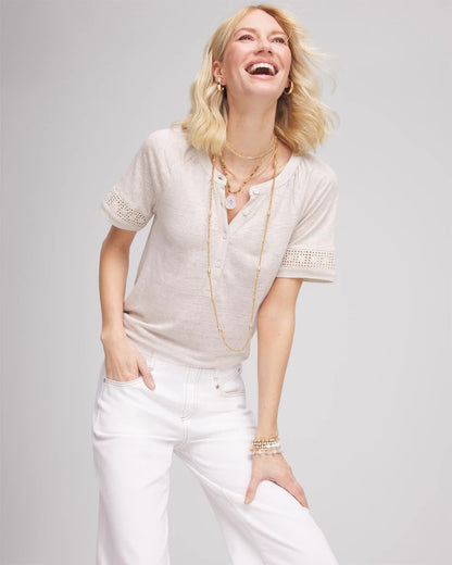 Chico's Linen Lace-Cutwork Sleeve Henley Tee River Rock