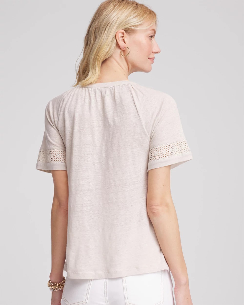 Chico's Linen Lace-Cutwork Sleeve Henley Tee River Rock