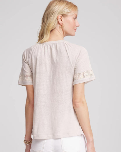 Chico's Linen Lace-Cutwork Sleeve Henley Tee River Rock