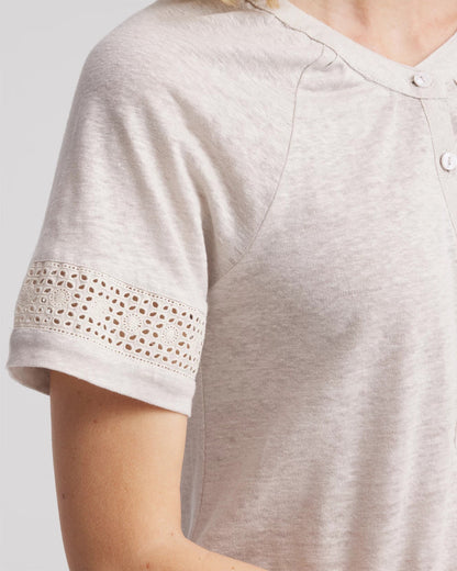 Chico's Linen Lace-Cutwork Sleeve Henley Tee River Rock
