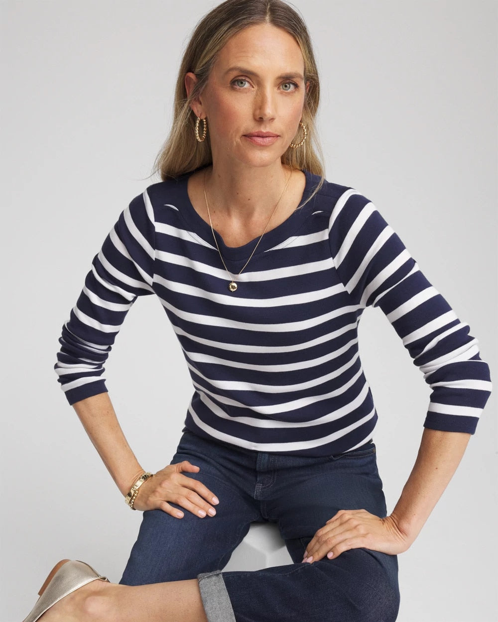 Chico's Stretch Cotton Boatneck Tunic Passport Blue