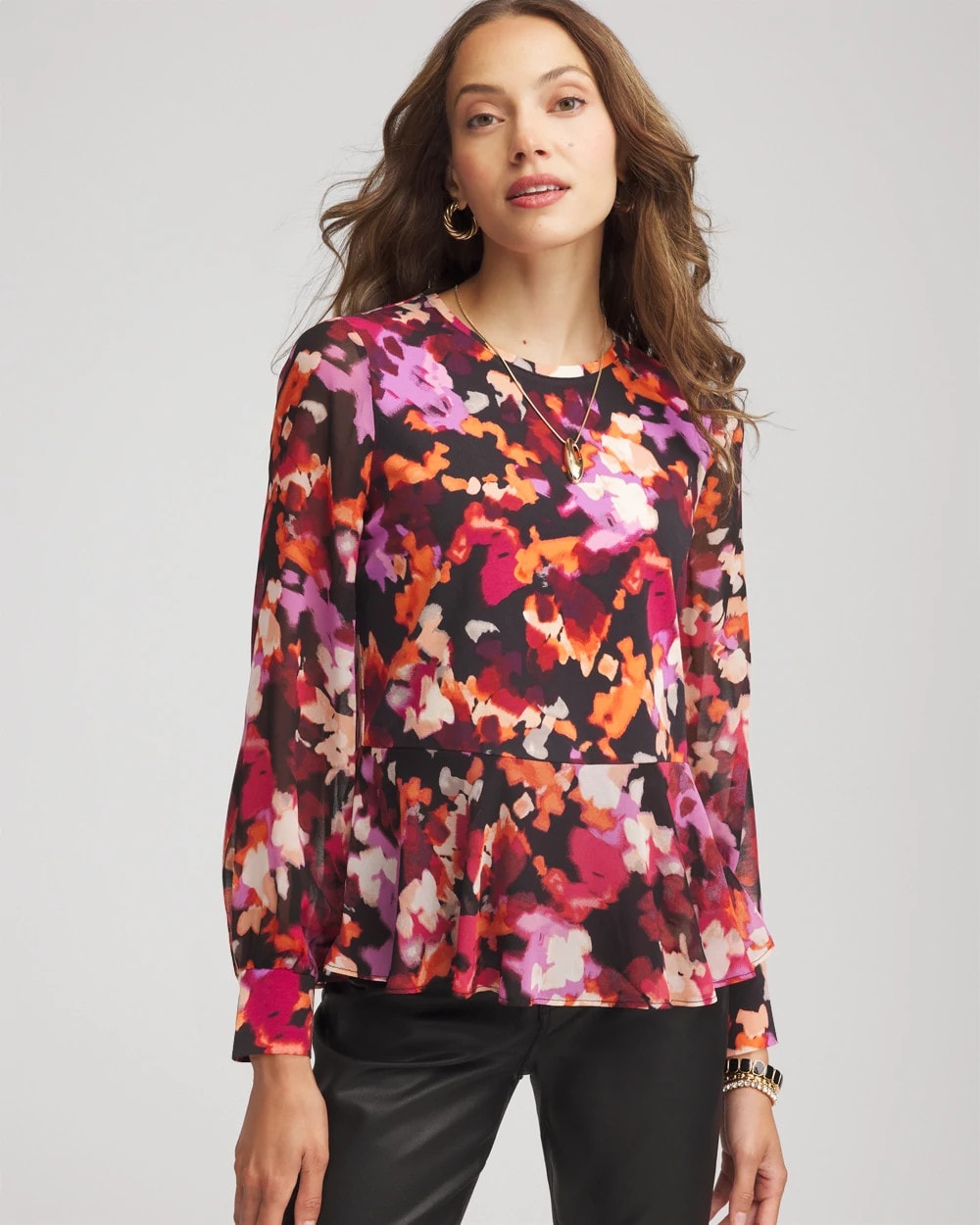 Chico's Printed Chiffon Peplum Top Black