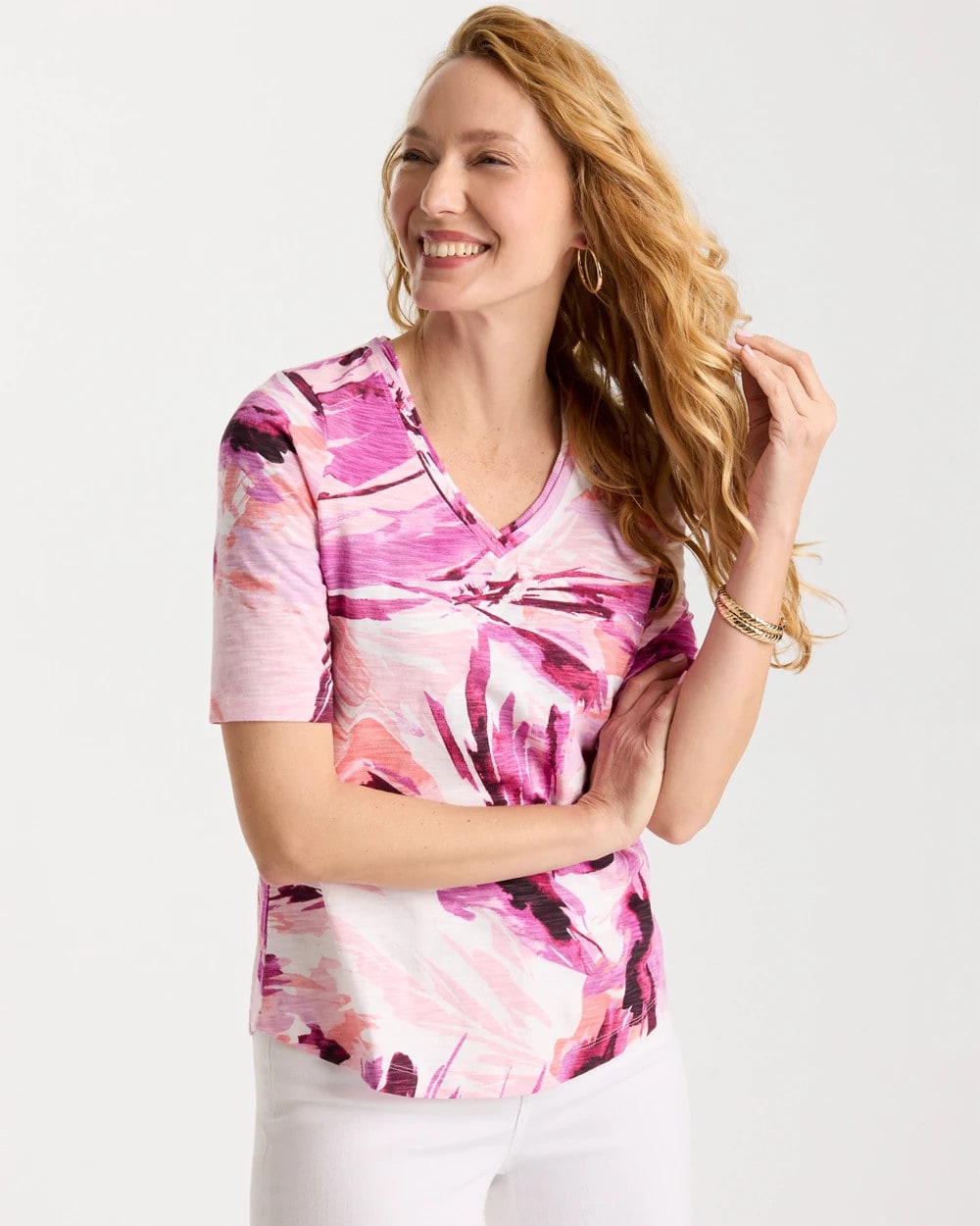 Chico's Printed Double V-Neck Slub Rib Tee Ecru