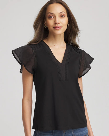 Chico's Pleated-Trim Flutter-Sleeve Tee Black