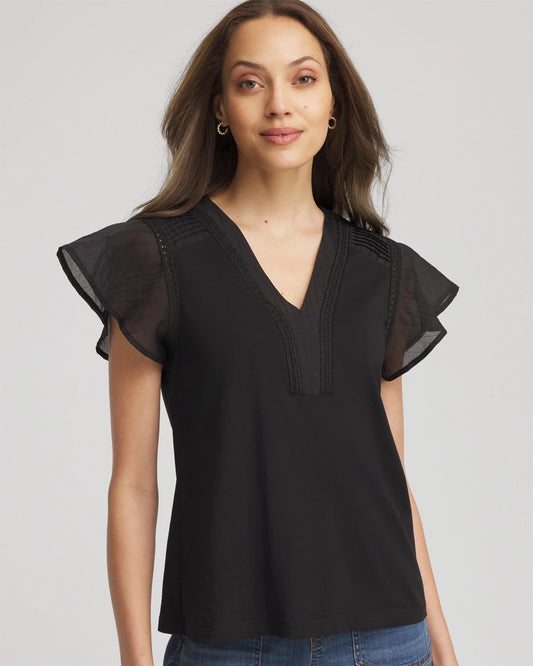 Chico's Pleated-Trim Flutter-Sleeve Tee Black