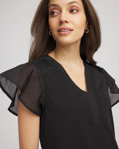 Chico's Pleated-Trim Flutter-Sleeve Tee Black
