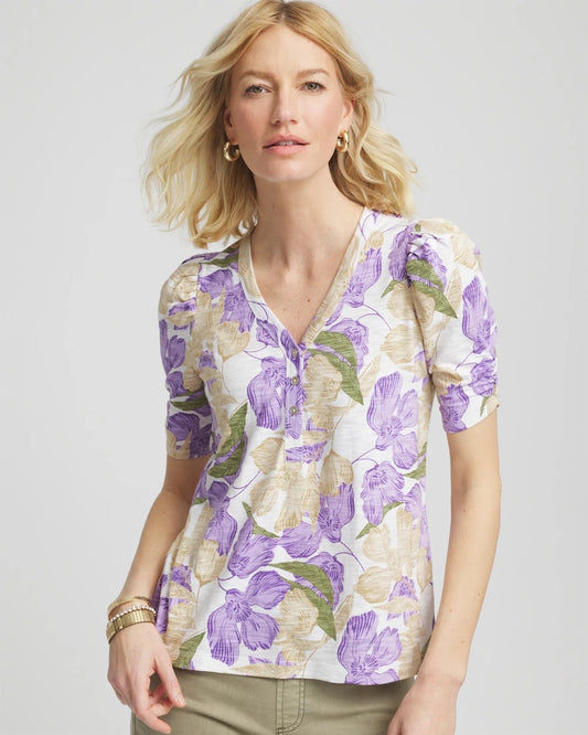 Chico's Floral Slub Henley Tee Alabaster