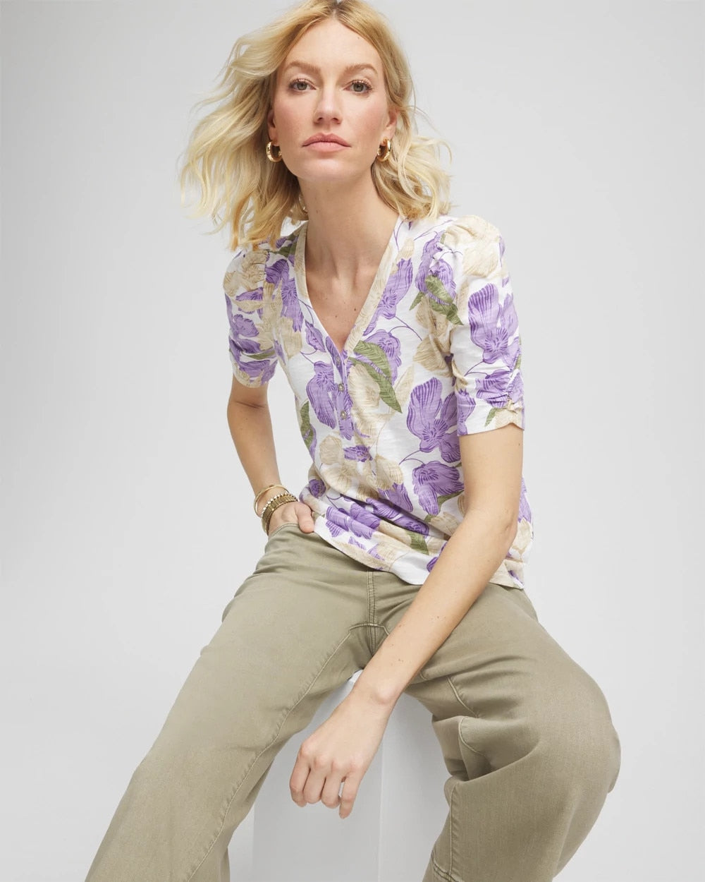 Chico's Floral Slub Henley Tee Alabaster