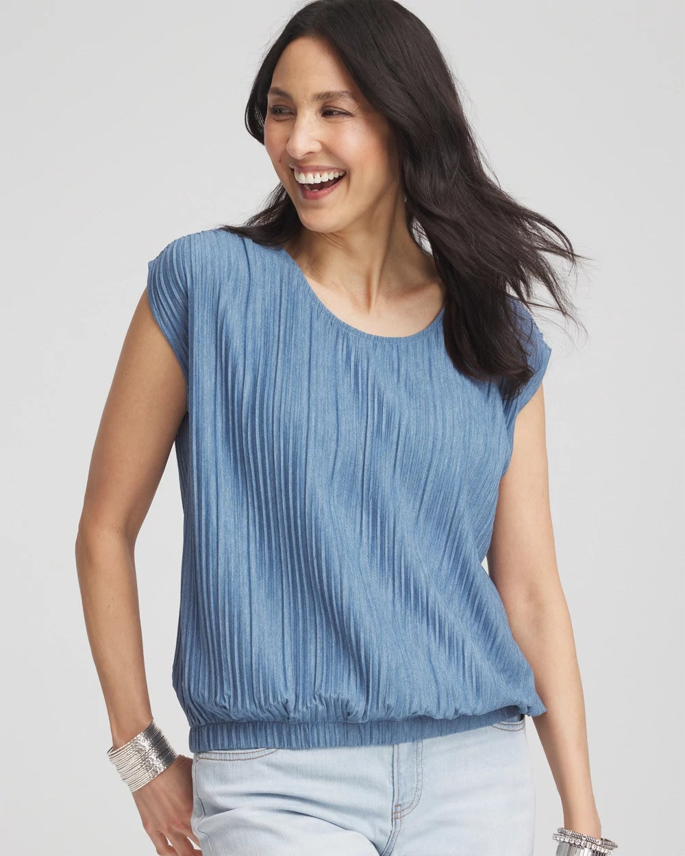 Chico's Melange Pleated Bubble-Hem Top Indigo