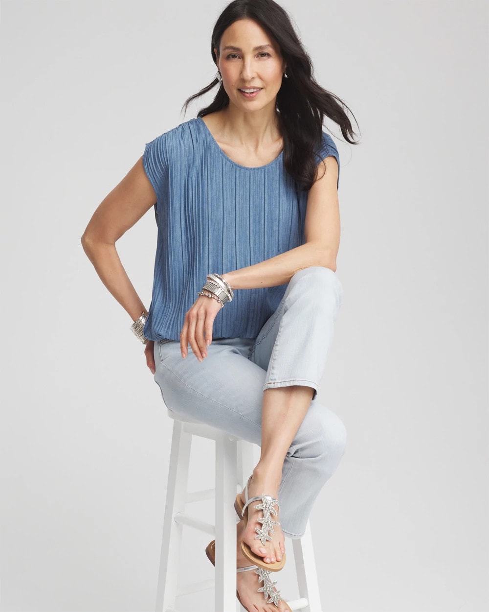 Chico's Melange Pleated Bubble-Hem Top Indigo