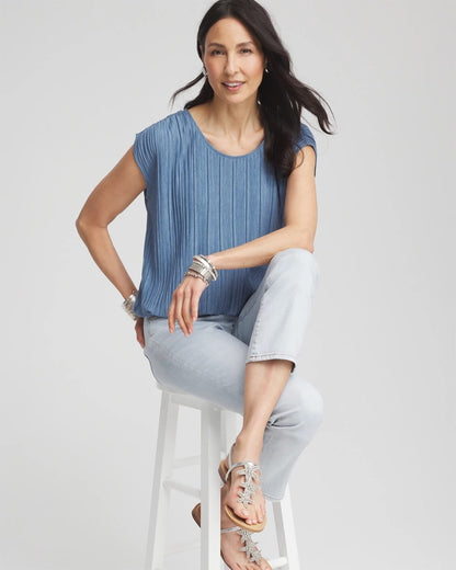 Chico's Melange Pleated Bubble-Hem Top Indigo