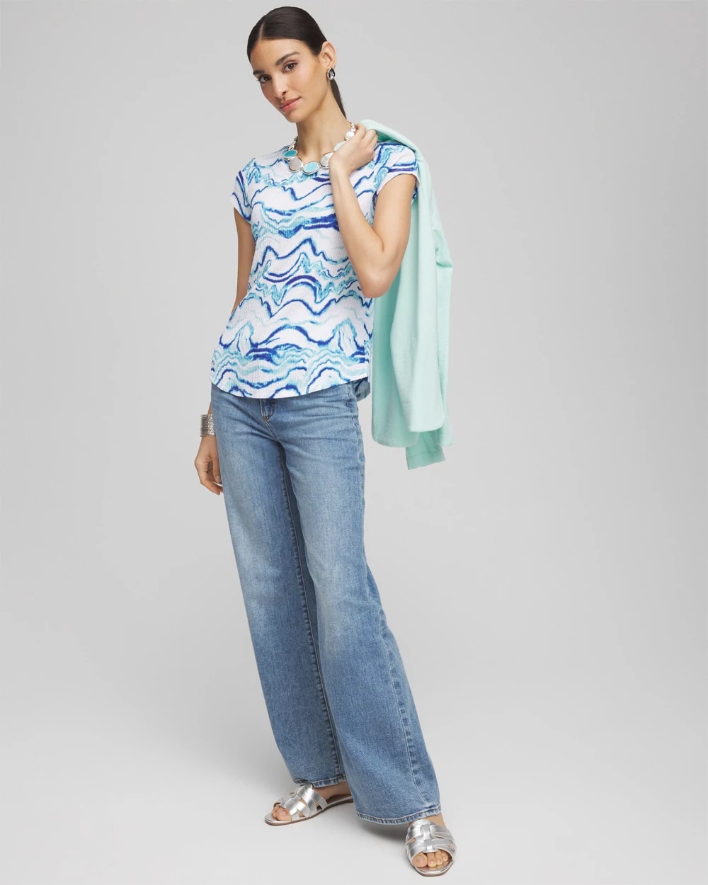 Chico's Ocean Waves Cap Sleeve Dolman Tee Alabaster