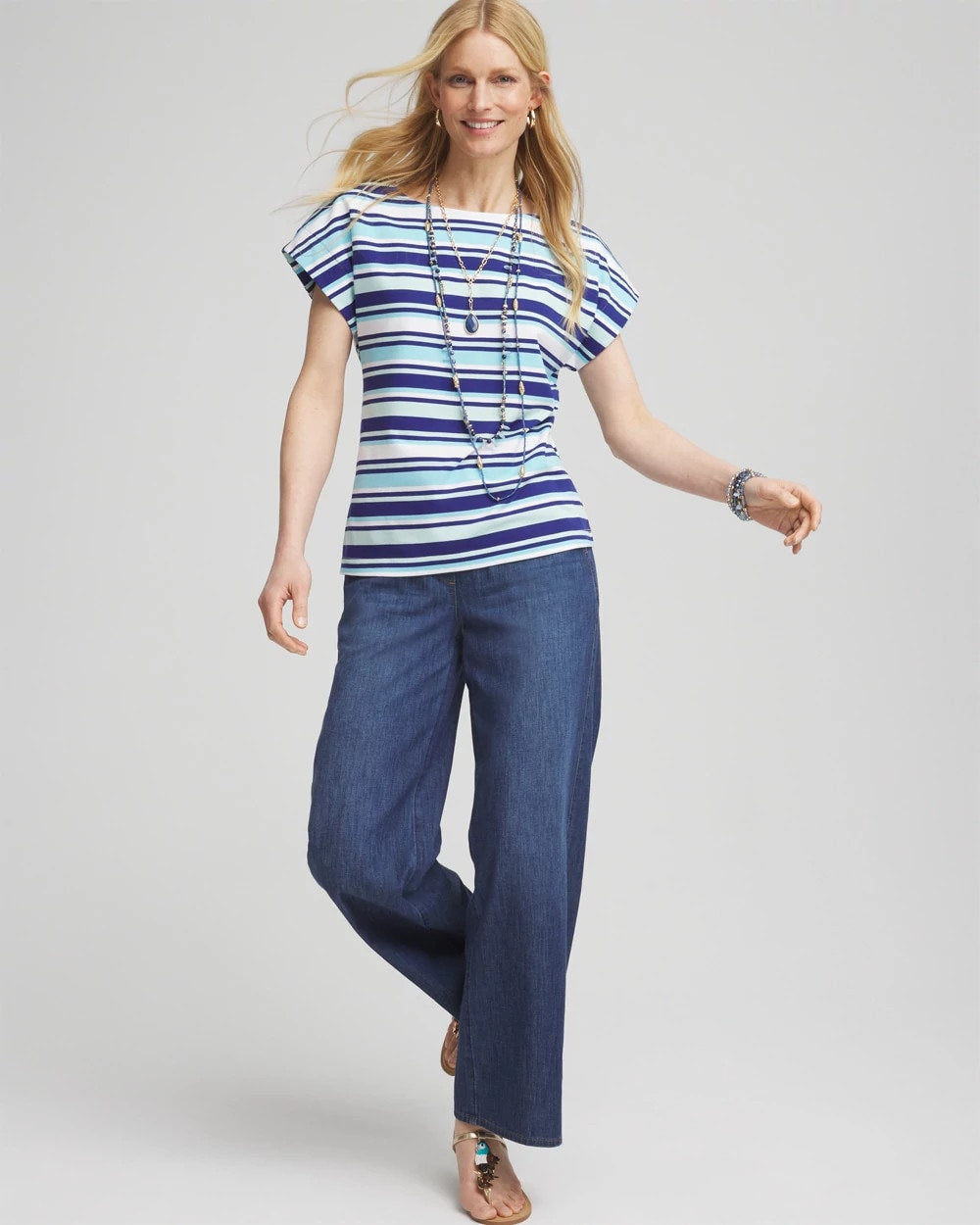 Chico's Stripe Modern Cap Sleeve Tee Paradiso Blue