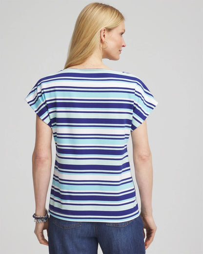 Chico's Stripe Modern Cap Sleeve Tee Paradiso Blue
