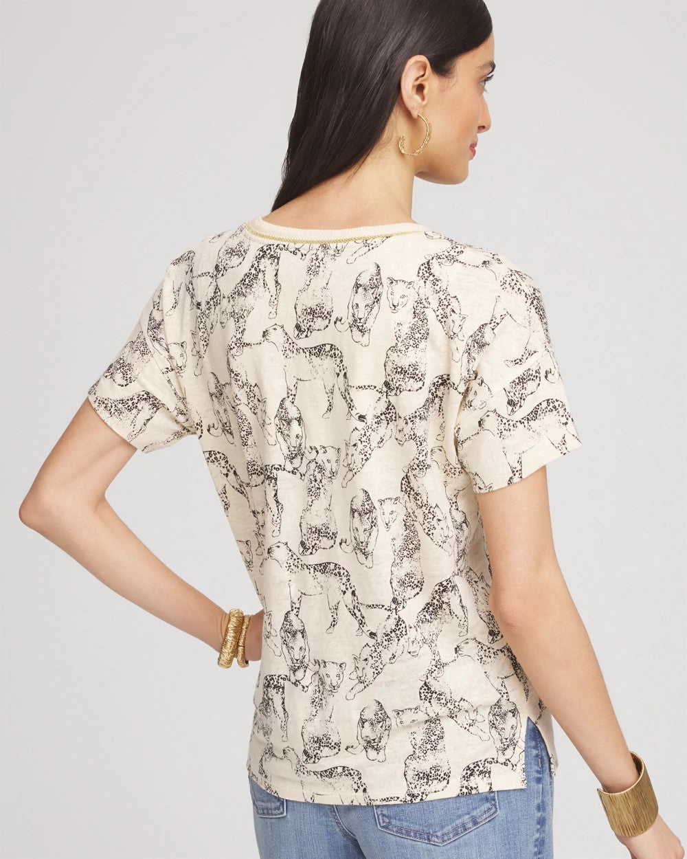 Chico's Panther Sweater-Trim Linen Tee Glistening Sand
