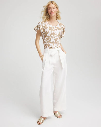 Chico's Linen Leaf Print Flutter Sleeve Tee Cafe Aroma