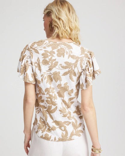 Chico's Linen Leaf Print Flutter Sleeve Tee Cafe Aroma