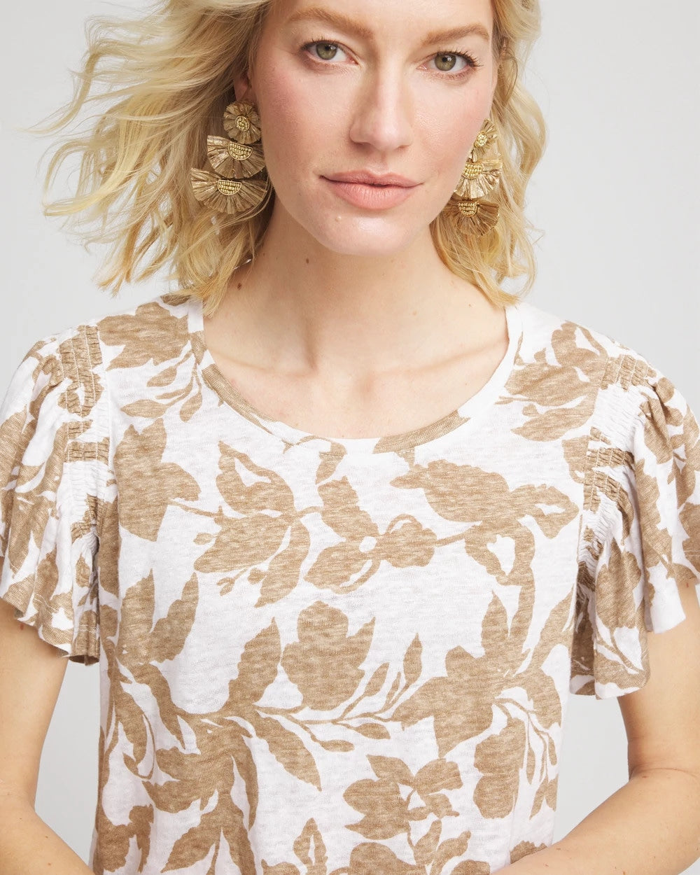 Chico's Linen Leaf Print Flutter Sleeve Tee Cafe Aroma