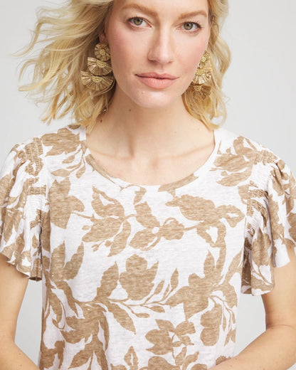 Chico's Linen Leaf Print Flutter Sleeve Tee Cafe Aroma