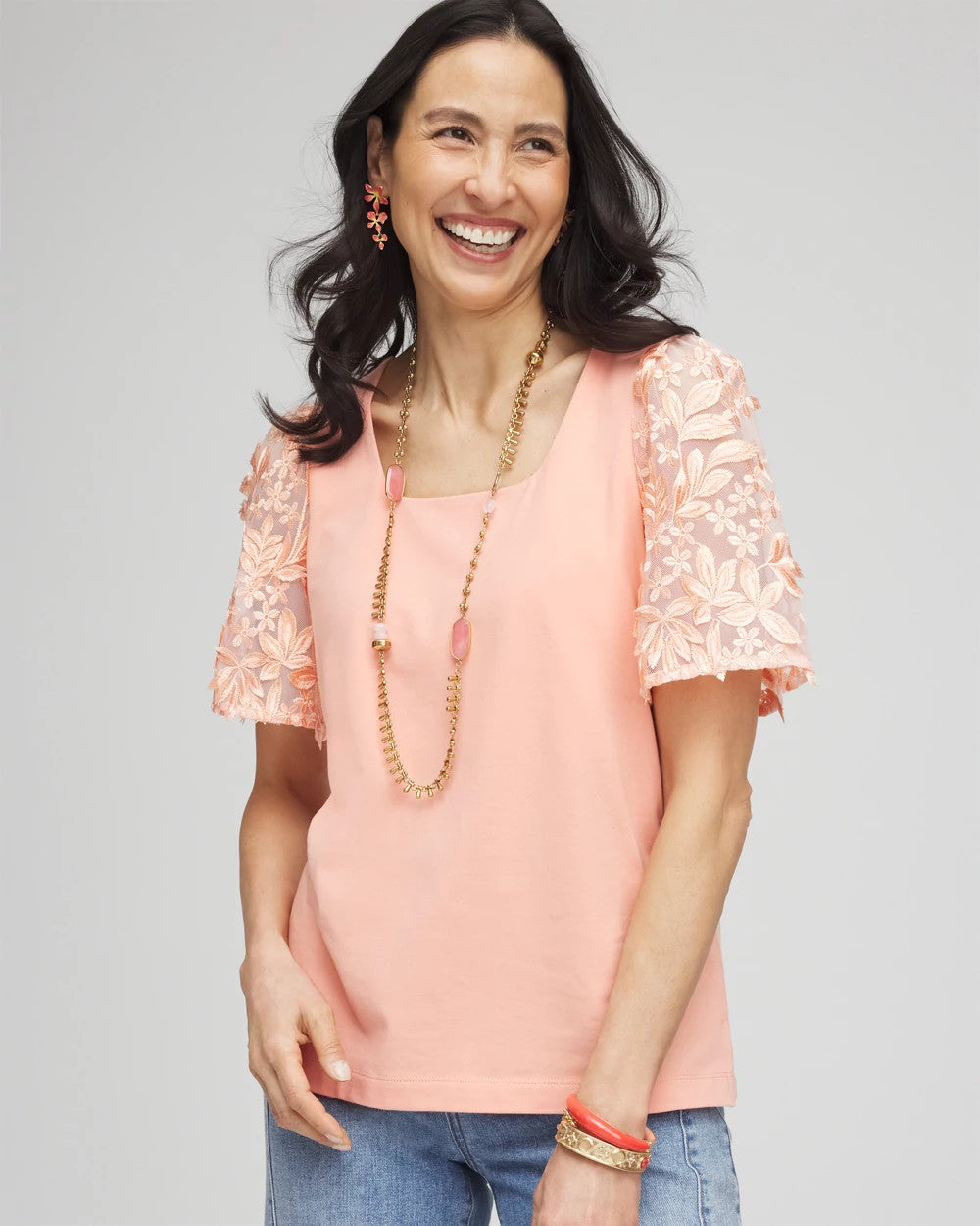 Chico's Floral Sleeved Square-Neck Tee Coral Blossom