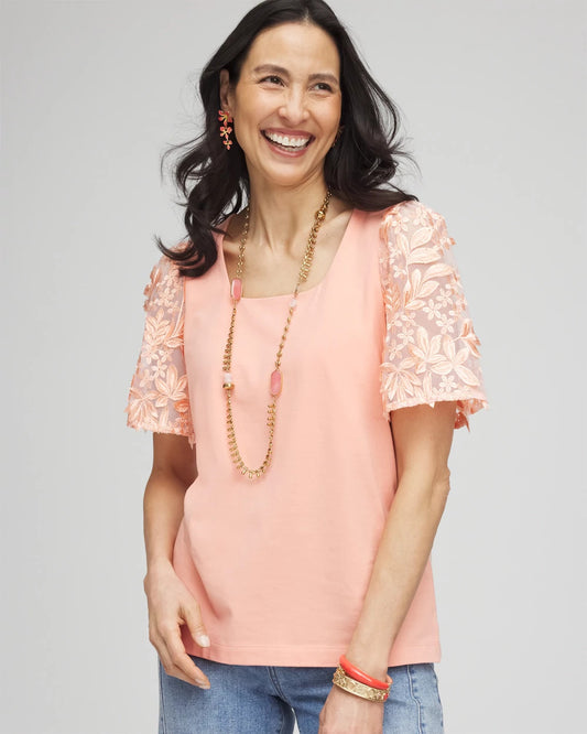 Chico's Floral Sleeved Square-Neck Tee Coral Blossom