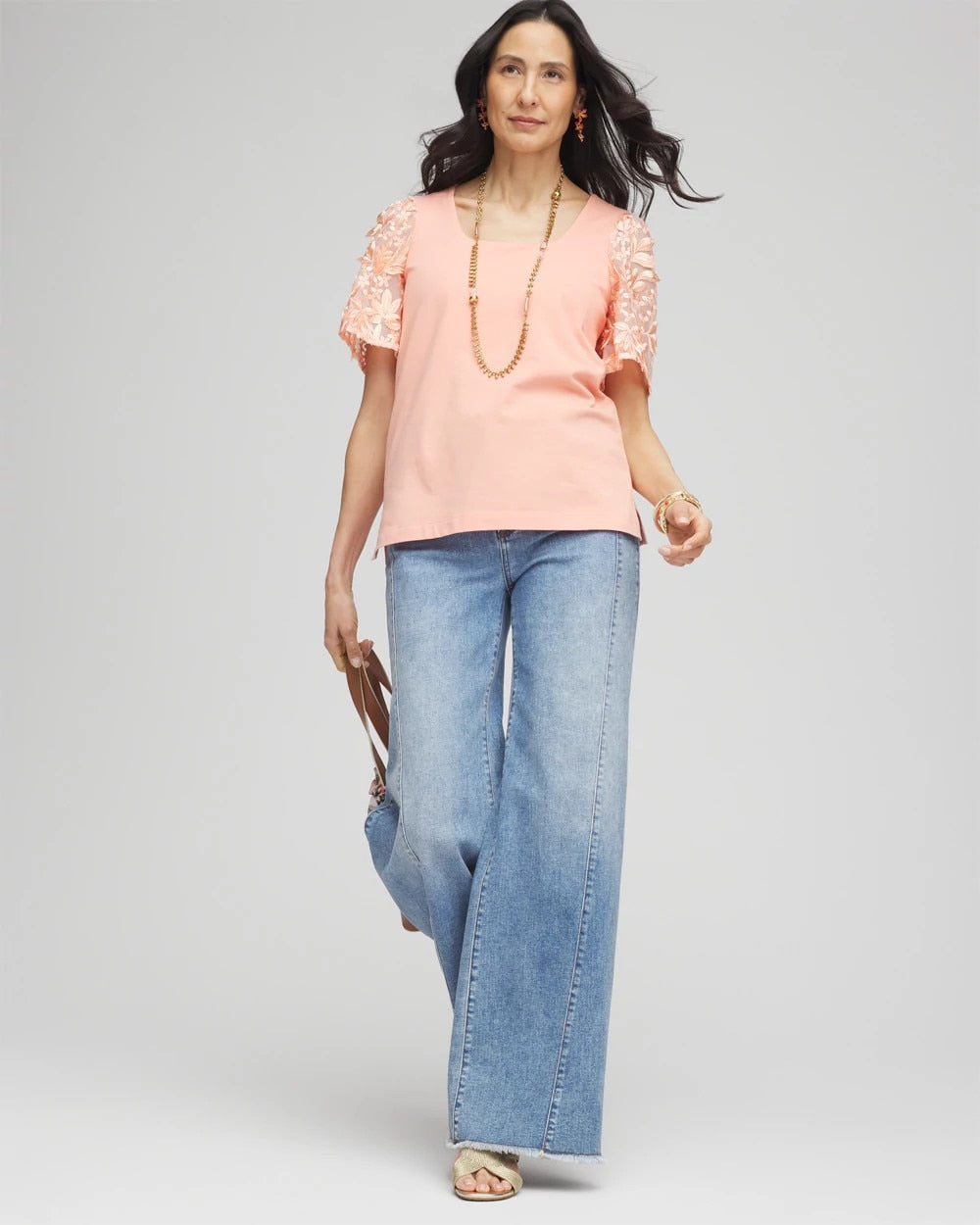 Chico's Floral Sleeved Square-Neck Tee Coral Blossom