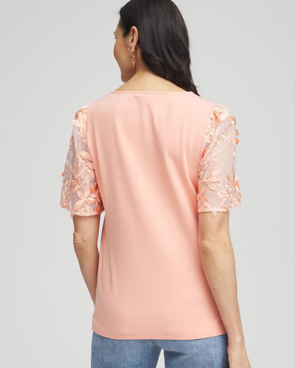 Chico's Floral Sleeved Square-Neck Tee Coral Blossom