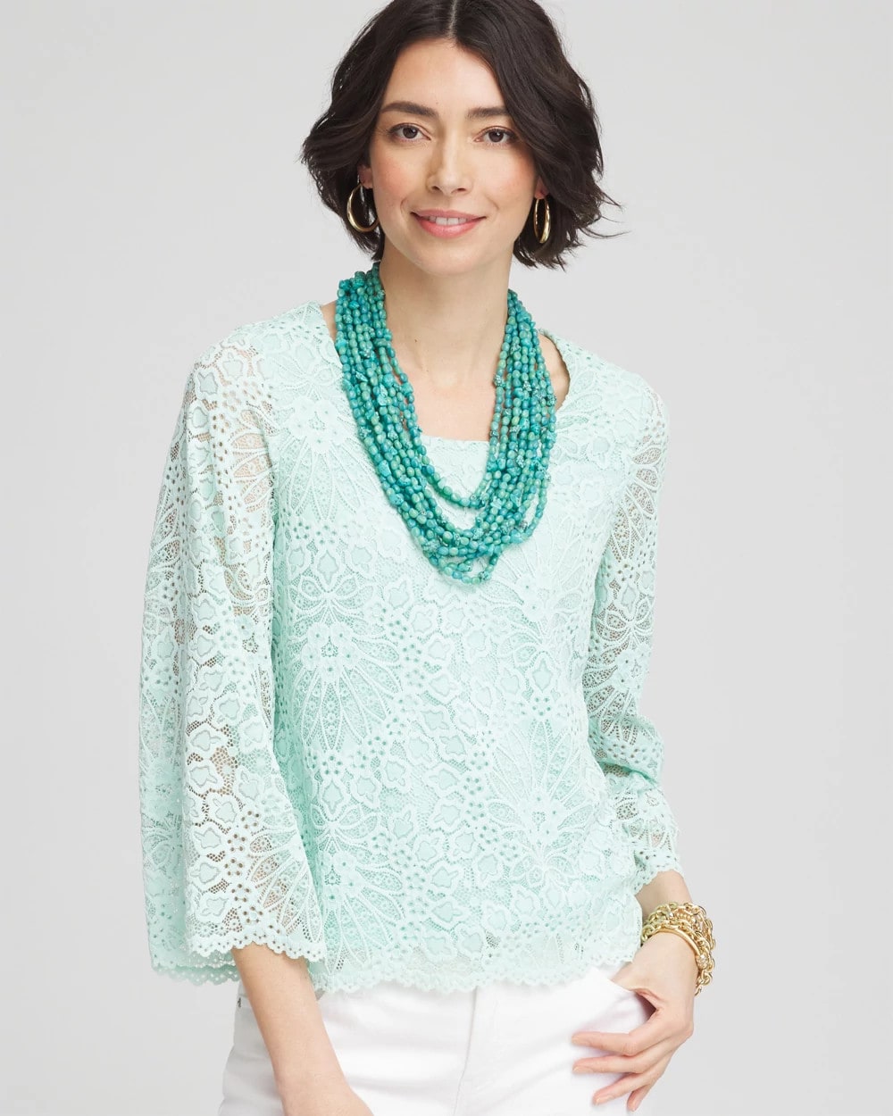 Chico's Scalloped Hem Lace Top Teal Waters