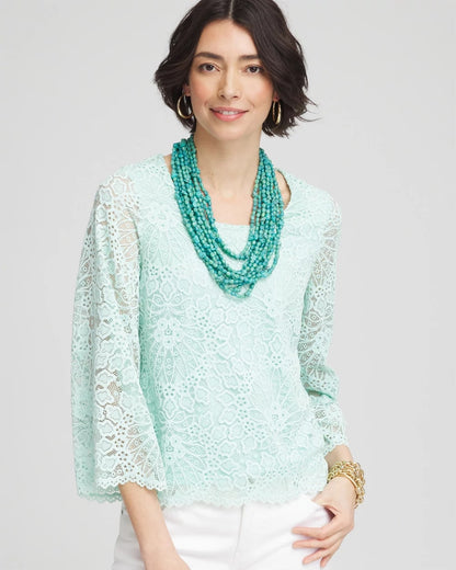 Chico's Scalloped Hem Lace Top Teal Waters