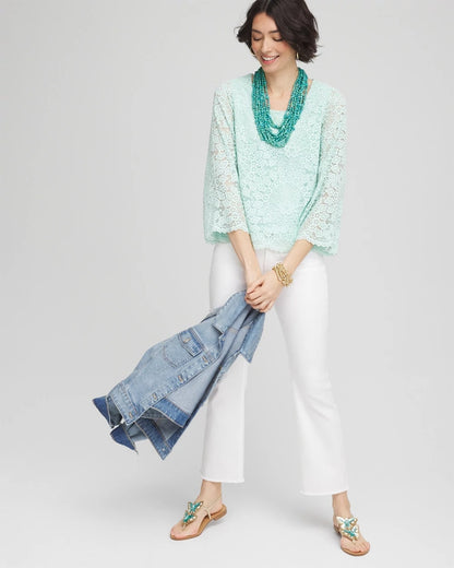 Chico's Scalloped Hem Lace Top Teal Waters