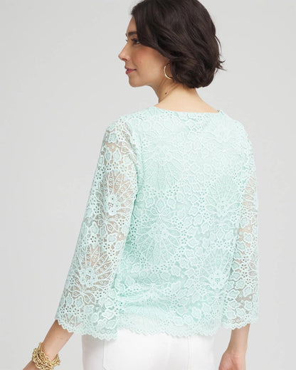 Chico's Scalloped Hem Lace Top Teal Waters